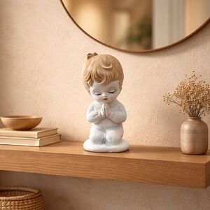 Vintage Praying Girl Figurine Blue Nightgown Religious Nursery Decor 6" (H)